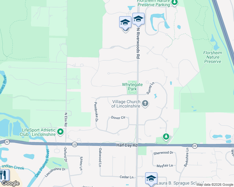 map of restaurants, bars, coffee shops, grocery stores, and more near 305 Surrey Ln in Lake Forest