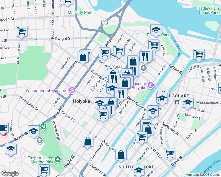 map of restaurants, bars, coffee shops, grocery stores, and more near 185 Chestnut Street in Holyoke