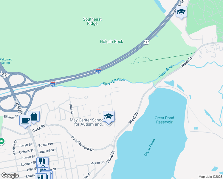 map of restaurants, bars, coffee shops, grocery stores, and more near 5 Pacella Park Drive in Randolph