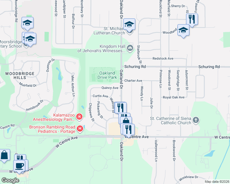 map of restaurants, bars, coffee shops, grocery stores, and more near 7639 Walcott Street in Portage