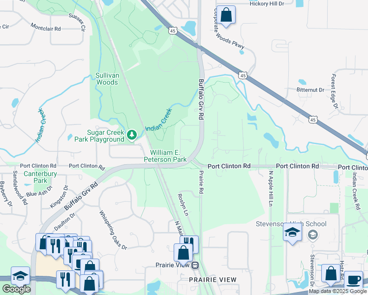 map of restaurants, bars, coffee shops, grocery stores, and more near 3121 Indian Creek Drive in Buffalo Grove