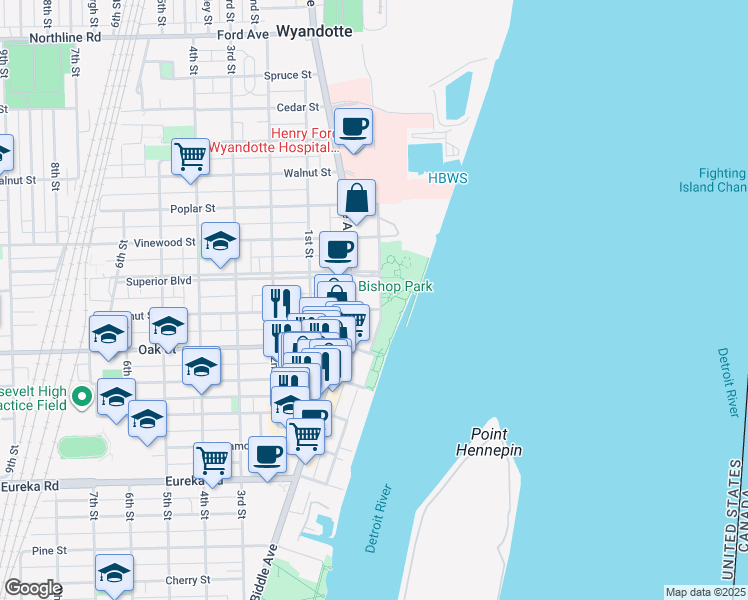 map of restaurants, bars, coffee shops, grocery stores, and more near 2803 Biddle Avenue in Wyandotte
