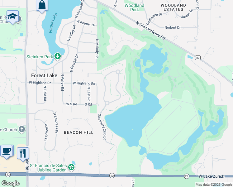 map of restaurants, bars, coffee shops, grocery stores, and more near 23590 Sanctuary Club Drive in Kildeer
