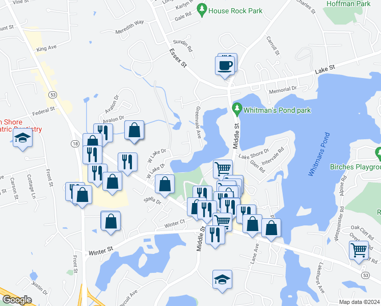 map of restaurants, bars, coffee shops, grocery stores, and more near 32 West Lake Drive East in Weymouth