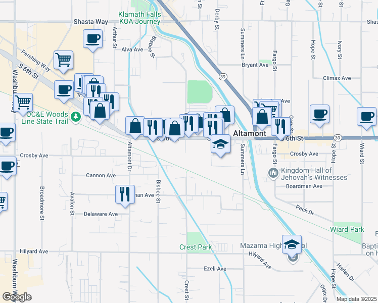 map of restaurants, bars, coffee shops, grocery stores, and more near 3810 South 6th Street in Klamath Falls