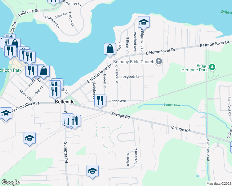 map of restaurants, bars, coffee shops, grocery stores, and more near 171 Clarence Street in Belleville