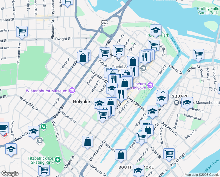 map of restaurants, bars, coffee shops, grocery stores, and more near 179-185 Chestnut Street in Holyoke