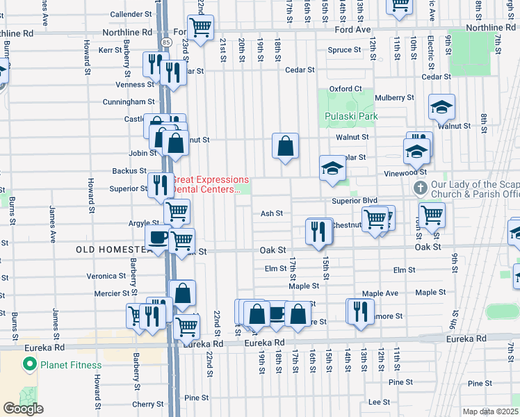 map of restaurants, bars, coffee shops, grocery stores, and more near 1810 Ash Street in Wyandotte