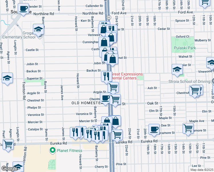 map of restaurants, bars, coffee shops, grocery stores, and more near 14100 Fort Street in Southgate
