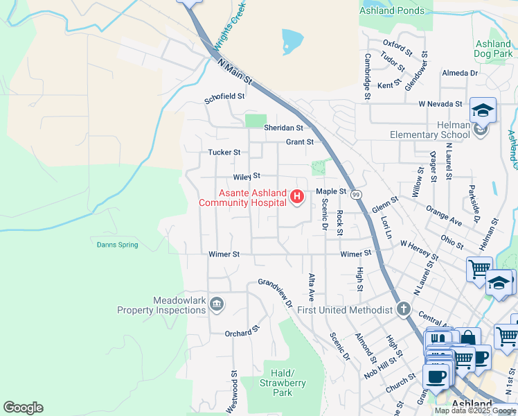 map of restaurants, bars, coffee shops, grocery stores, and more near 518 Maple Way in Ashland