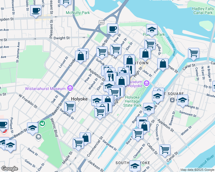 map of restaurants, bars, coffee shops, grocery stores, and more near 187 Chestnut Street in Holyoke