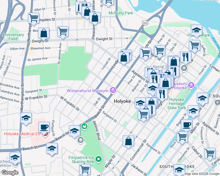 map of restaurants, bars, coffee shops, grocery stores, and more near 246 Oak Street in Holyoke