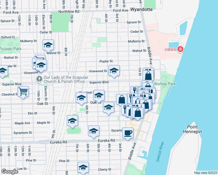 map of restaurants, bars, coffee shops, grocery stores, and more near 336 Chestnut Street in Wyandotte