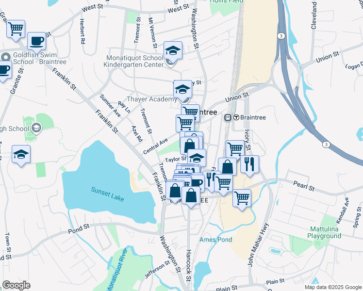 map of restaurants, bars, coffee shops, grocery stores, and more near 803 Washington Street in Braintree