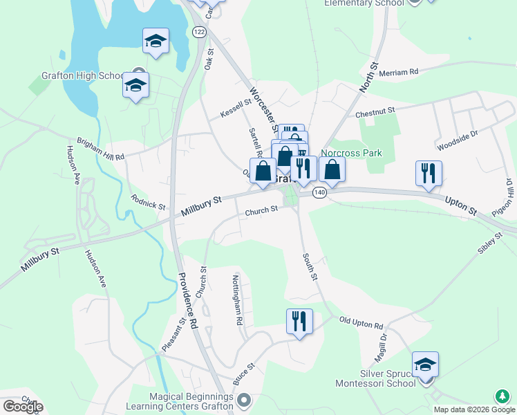 map of restaurants, bars, coffee shops, grocery stores, and more near 16 Church Street in Grafton