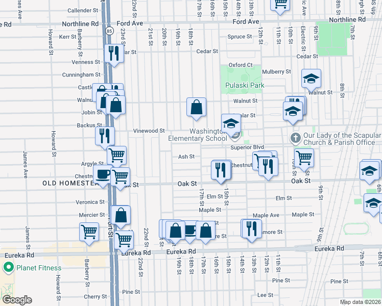 map of restaurants, bars, coffee shops, grocery stores, and more near 1718 Ash Street in Wyandotte