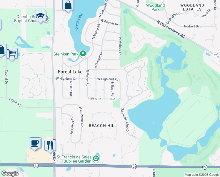 map of restaurants, bars, coffee shops, grocery stores, and more near 23568 North East Road in Lake Zurich