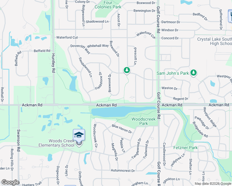 map of restaurants, bars, coffee shops, grocery stores, and more near 1318 Boxwood Drive in Crystal Lake