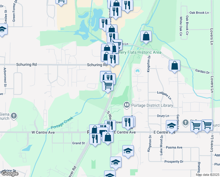 map of restaurants, bars, coffee shops, grocery stores, and more near 7630 South Westnedge Avenue in Portage
