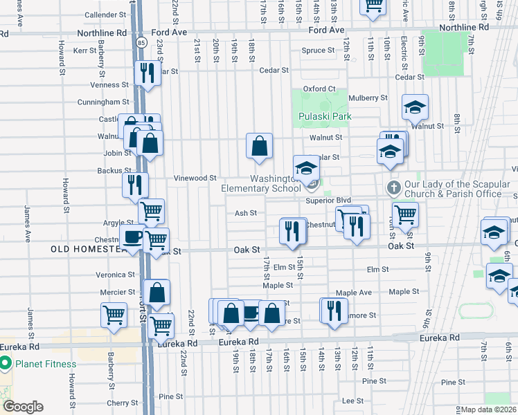 map of restaurants, bars, coffee shops, grocery stores, and more near 1718 Ash Street in Wyandotte