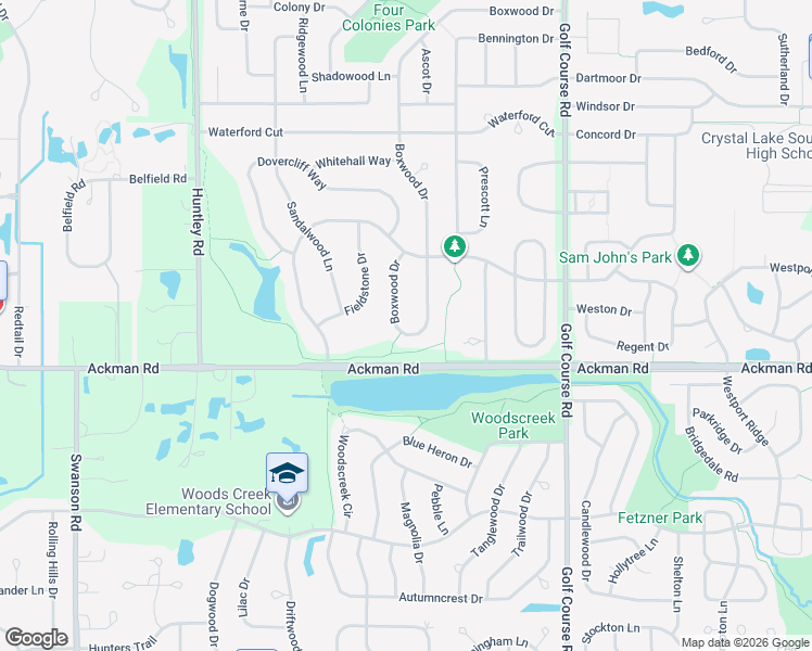 map of restaurants, bars, coffee shops, grocery stores, and more near 1318 Boxwood Drive in Crystal Lake