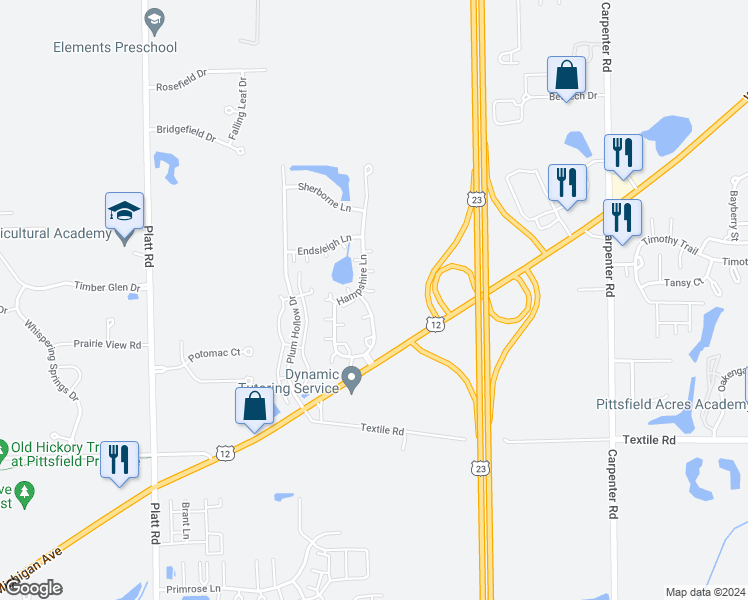 map of restaurants, bars, coffee shops, grocery stores, and more near 5685 Hampshire Lane in Ypsilanti