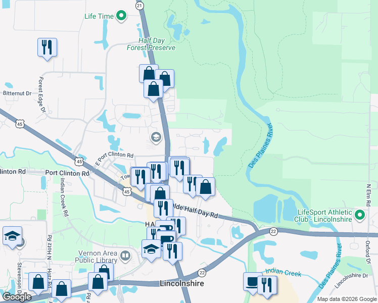 map of restaurants, bars, coffee shops, grocery stores, and more near 22 Ashford Court in Lincolnshire