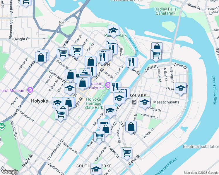 map of restaurants, bars, coffee shops, grocery stores, and more near 444 Dwight Street in Holyoke