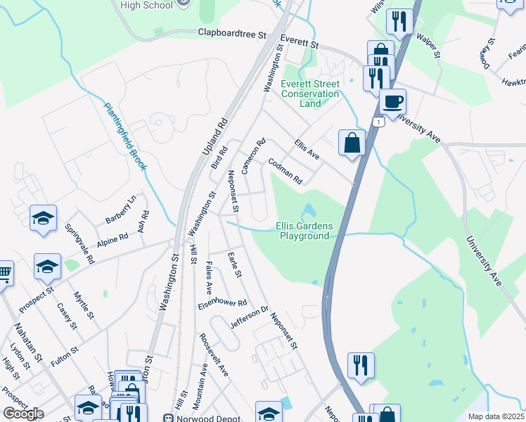 map of restaurants, bars, coffee shops, grocery stores, and more near 201 Codman Road in Norwood