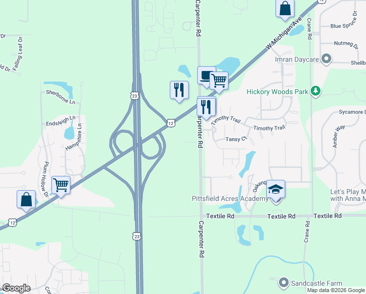 map of restaurants, bars, coffee shops, grocery stores, and more near 3920 Cochran Drive in Ypsilanti