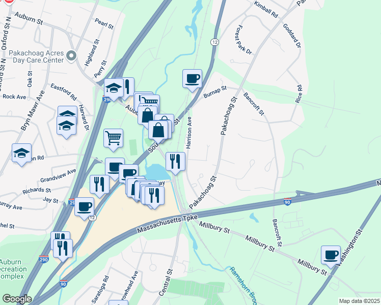 map of restaurants, bars, coffee shops, grocery stores, and more near 5 Westlund Avenue in Auburn