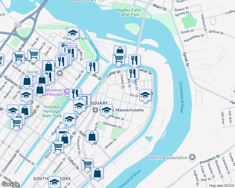 map of restaurants, bars, coffee shops, grocery stores, and more near 66 Ely Street in Holyoke