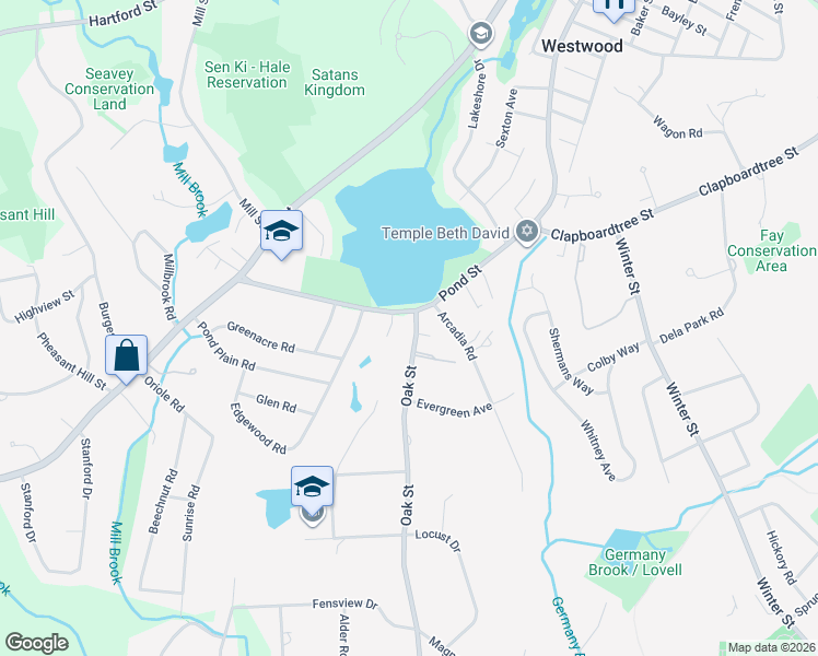 map of restaurants, bars, coffee shops, grocery stores, and more near 11 Oak Street in Westwood
