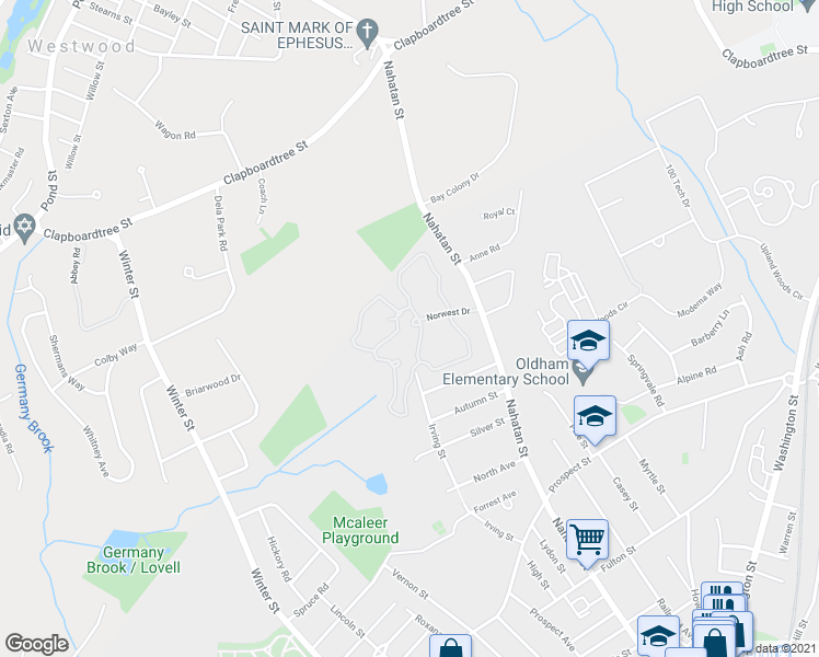 map of restaurants, bars, coffee shops, grocery stores, and more near 214 Norwest Drive in Norwood