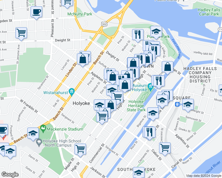 map of restaurants, bars, coffee shops, grocery stores, and more near 187 Chestnut Street in Holyoke