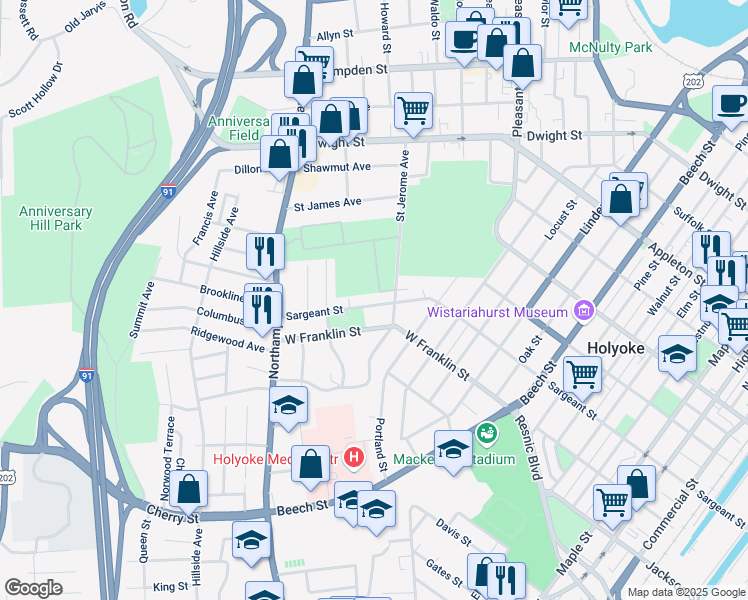 map of restaurants, bars, coffee shops, grocery stores, and more near 272 Sargeant Street in Holyoke