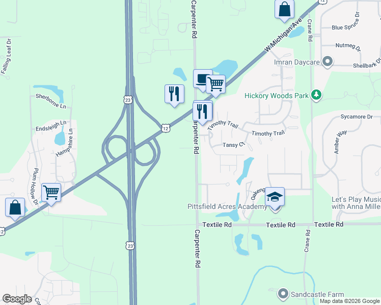 map of restaurants, bars, coffee shops, grocery stores, and more near 3920 Cochran Drive in Ypsilanti