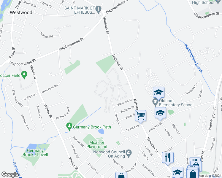 map of restaurants, bars, coffee shops, grocery stores, and more near 150 Norwest Drive in Norwood