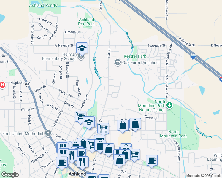 map of restaurants, bars, coffee shops, grocery stores, and more near 770 Oak Street in Ashland