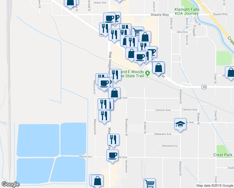 map of restaurants, bars, coffee shops, grocery stores, and more near 2421 Washburn Way in Klamath Falls
