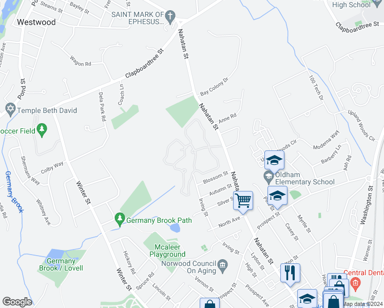 map of restaurants, bars, coffee shops, grocery stores, and more near 134 Norwest Drive in Norwood
