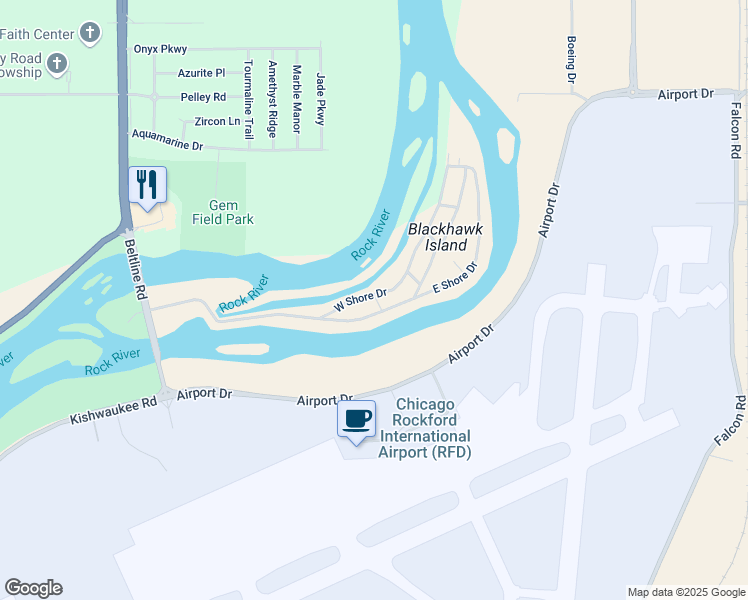 map of restaurants, bars, coffee shops, grocery stores, and more near 4X Blackhawk Island in Rockford