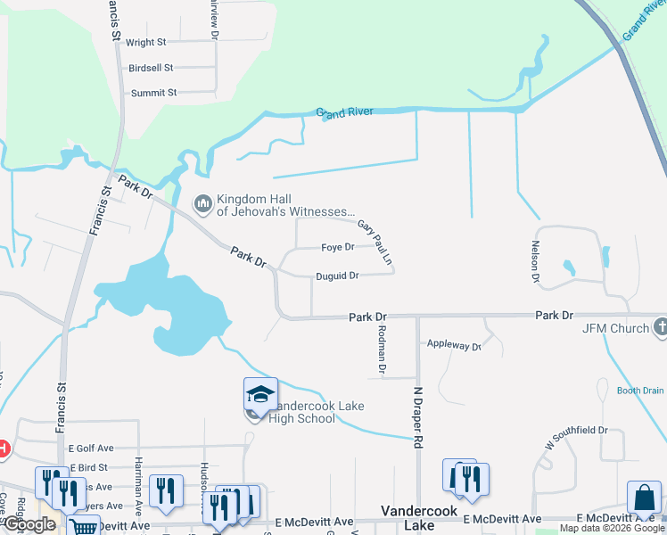 map of restaurants, bars, coffee shops, grocery stores, and more near 1638 Duguid Drive in Jackson