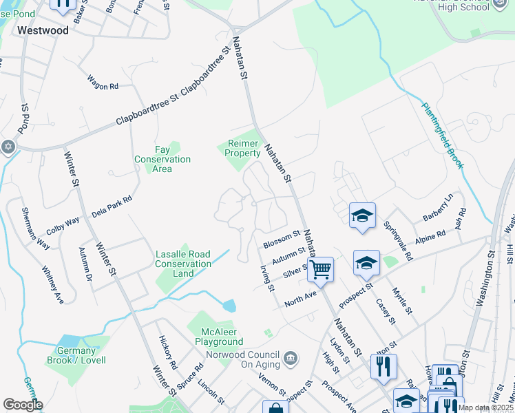map of restaurants, bars, coffee shops, grocery stores, and more near 120 Norwest Drive in Norwood
