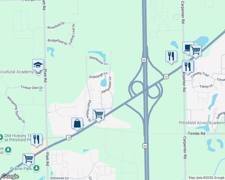 map of restaurants, bars, coffee shops, grocery stores, and more near 5685 Hampshire Lane in Ypsilanti