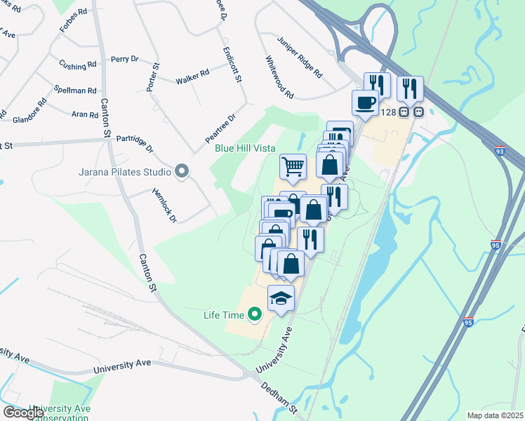 map of restaurants, bars, coffee shops, grocery stores, and more near 200 Station Drive in Westwood