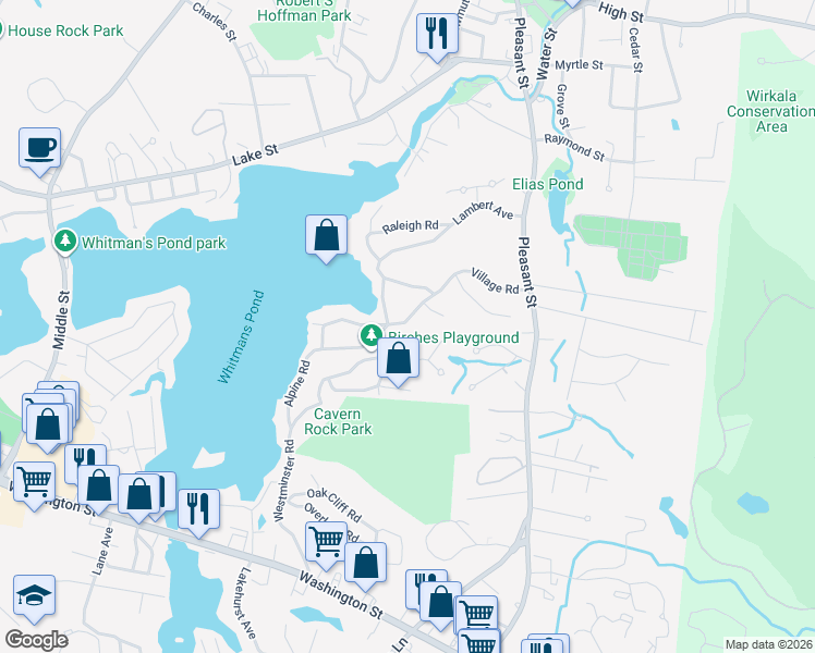 map of restaurants, bars, coffee shops, grocery stores, and more near 83 Morningside Path in Weymouth