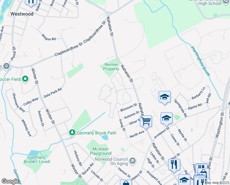 map of restaurants, bars, coffee shops, grocery stores, and more near 8 Norwest Drive in Norwood
