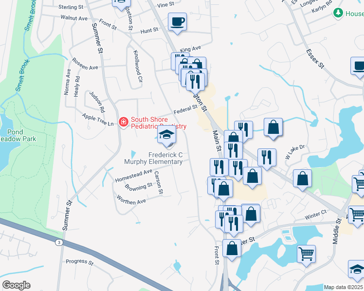 map of restaurants, bars, coffee shops, grocery stores, and more near 401R Front Street in Weymouth