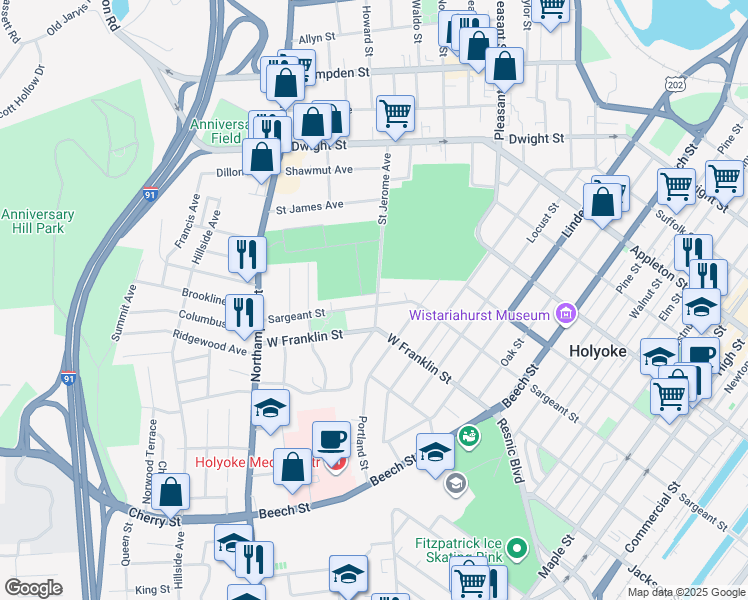 map of restaurants, bars, coffee shops, grocery stores, and more near 250 Sargeant Street in Holyoke